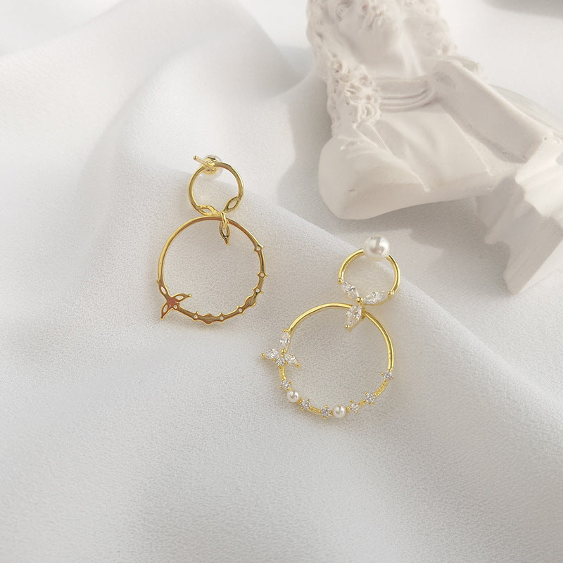 925 Sterling Silver Double Circle Pearl Drop Earrings For Women