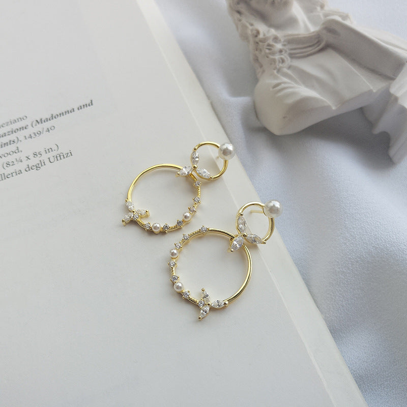 925 Sterling Silver Double Circle Pearl Drop Earrings For Women