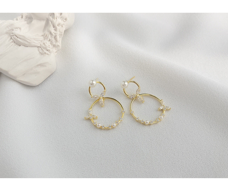 925 Sterling Silver Double Circle Pearl Drop Earrings For Women