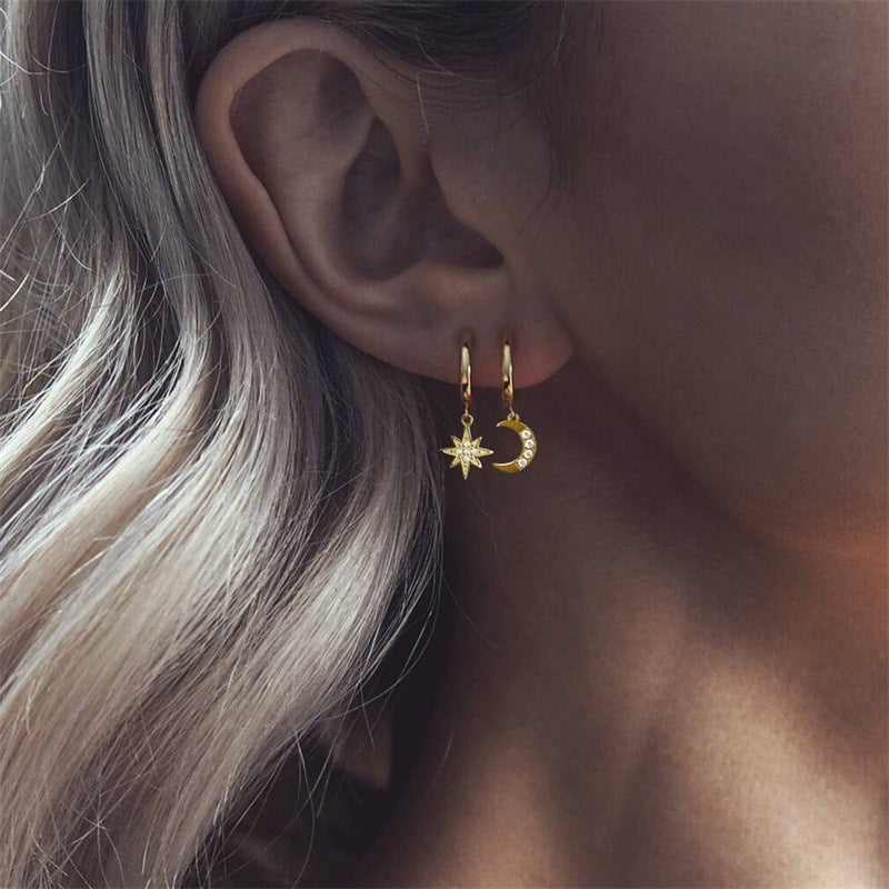 Cosmic Moon and Star Gold or Silver Tone Stainless Steel Earrings