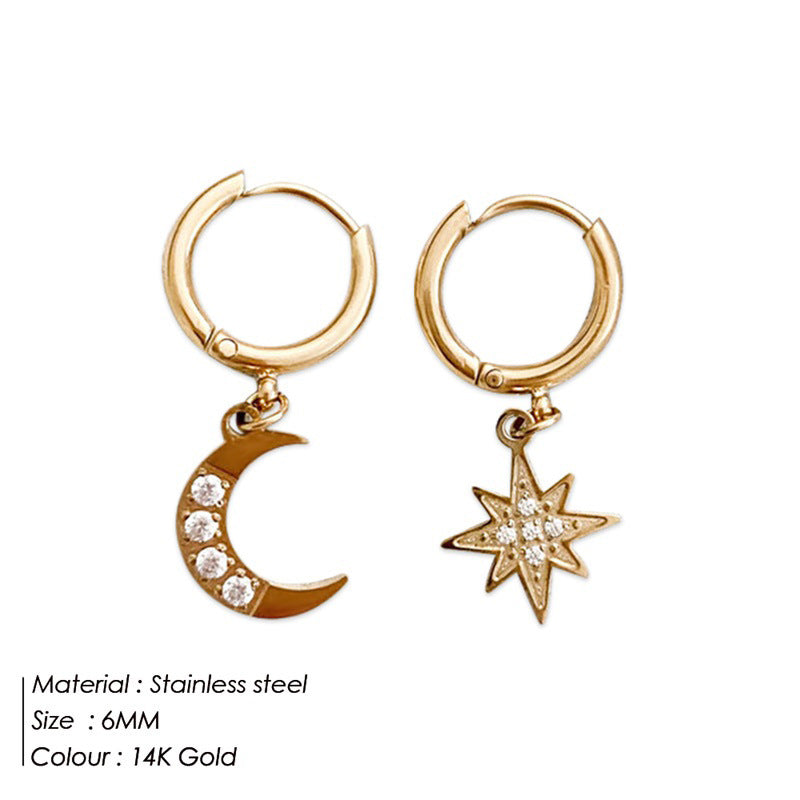 Cosmic Moon and Star Gold or Silver Tone Stainless Steel Earrings