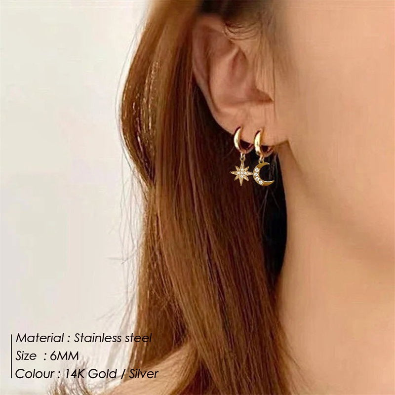 Cosmic Moon and Star Gold or Silver Tone Stainless Steel Earrings