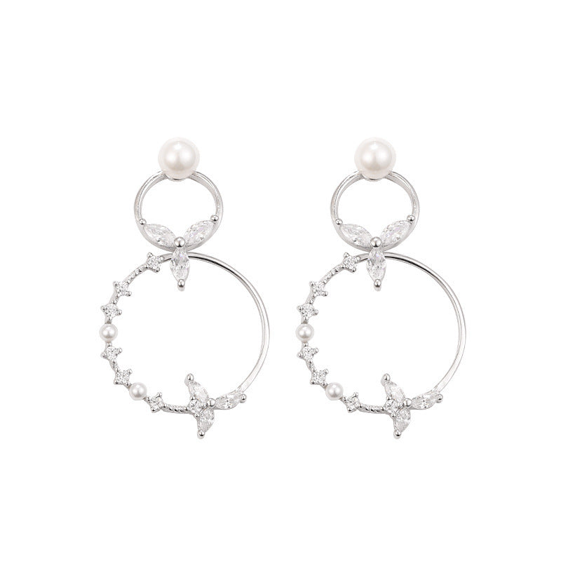 925 Sterling Silver Double Circle Pearl Drop Earrings For Women